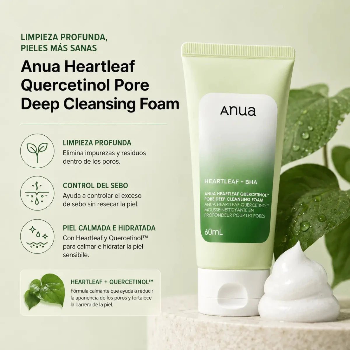 Anua Heartleaf Quercetinol Cleansing Foam 60ml espuma limpiadora facial