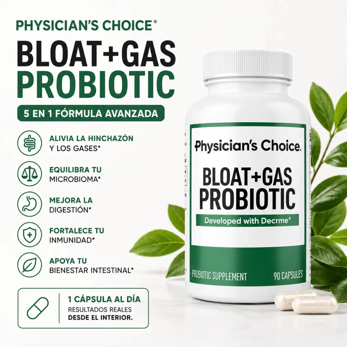 Physicians Choice Bloat + Gas Probiotic Probioticos y Enzimas Digestivas Zivanne
