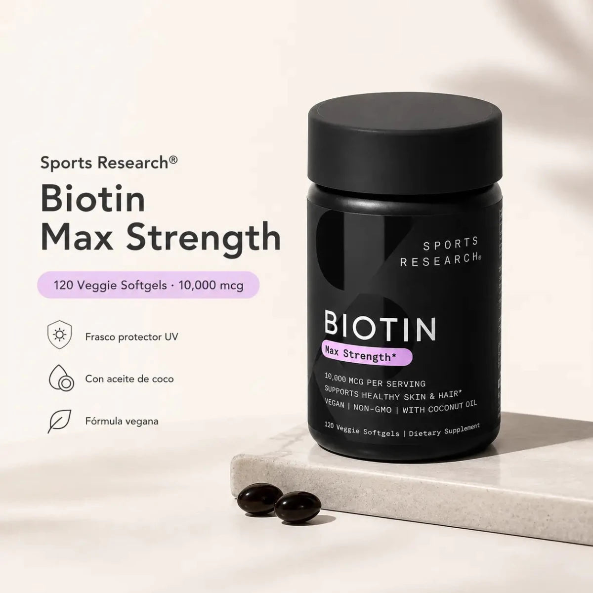 Sports Research Biotin 10.000 mcg con Aceite de Coco 120 cápsulas Zivanne