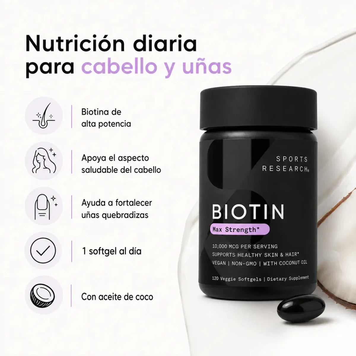 Sports Research Biotin 10.000 mcg con Aceite de Coco 120 cápsulas Zivanne