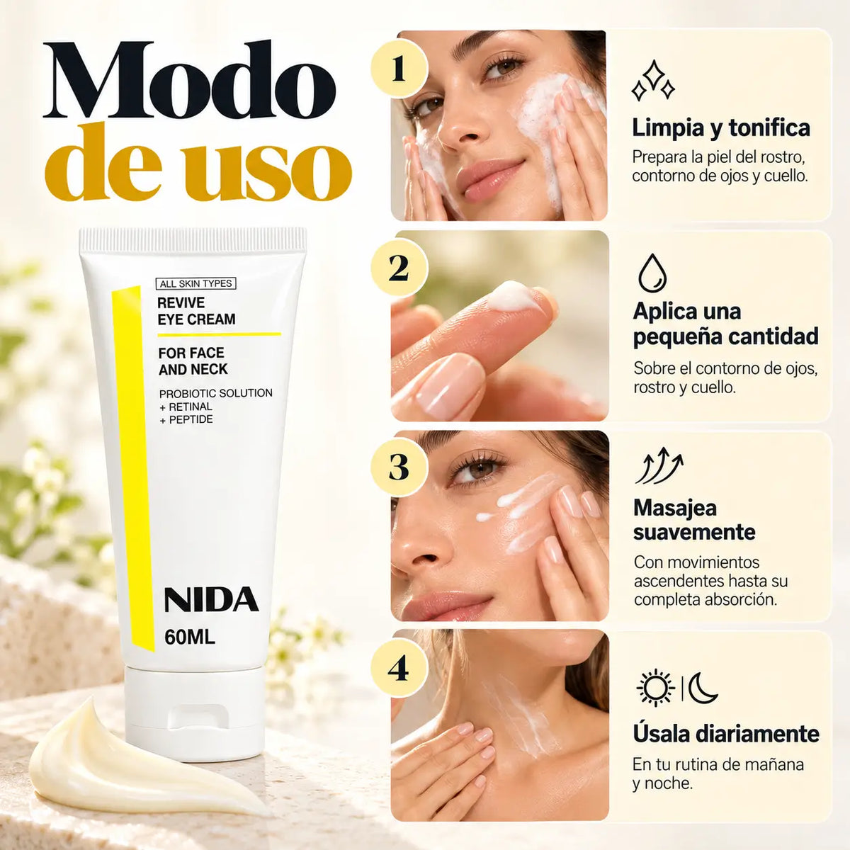 NIDA, Revive Eye Cream for Face and Neck, Crema Renovadora con Retinal, Probióticos y Péptidos, 60 ml