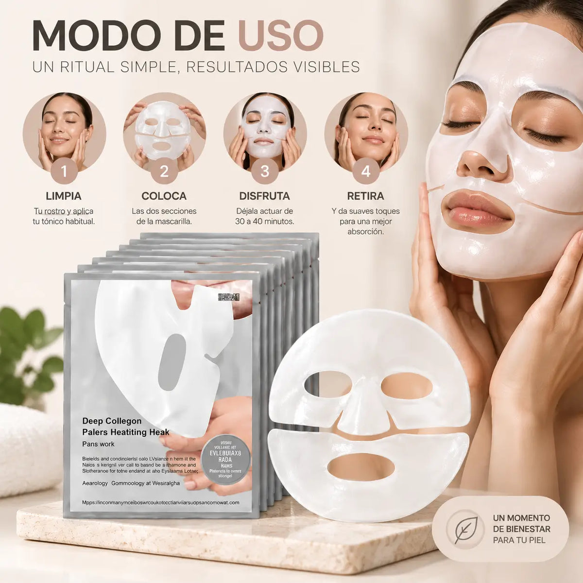 Deep Collagen, Real Deep Mask, Mascarilla Facial de Hidrogel con Colágeno, Set de Mascarillas