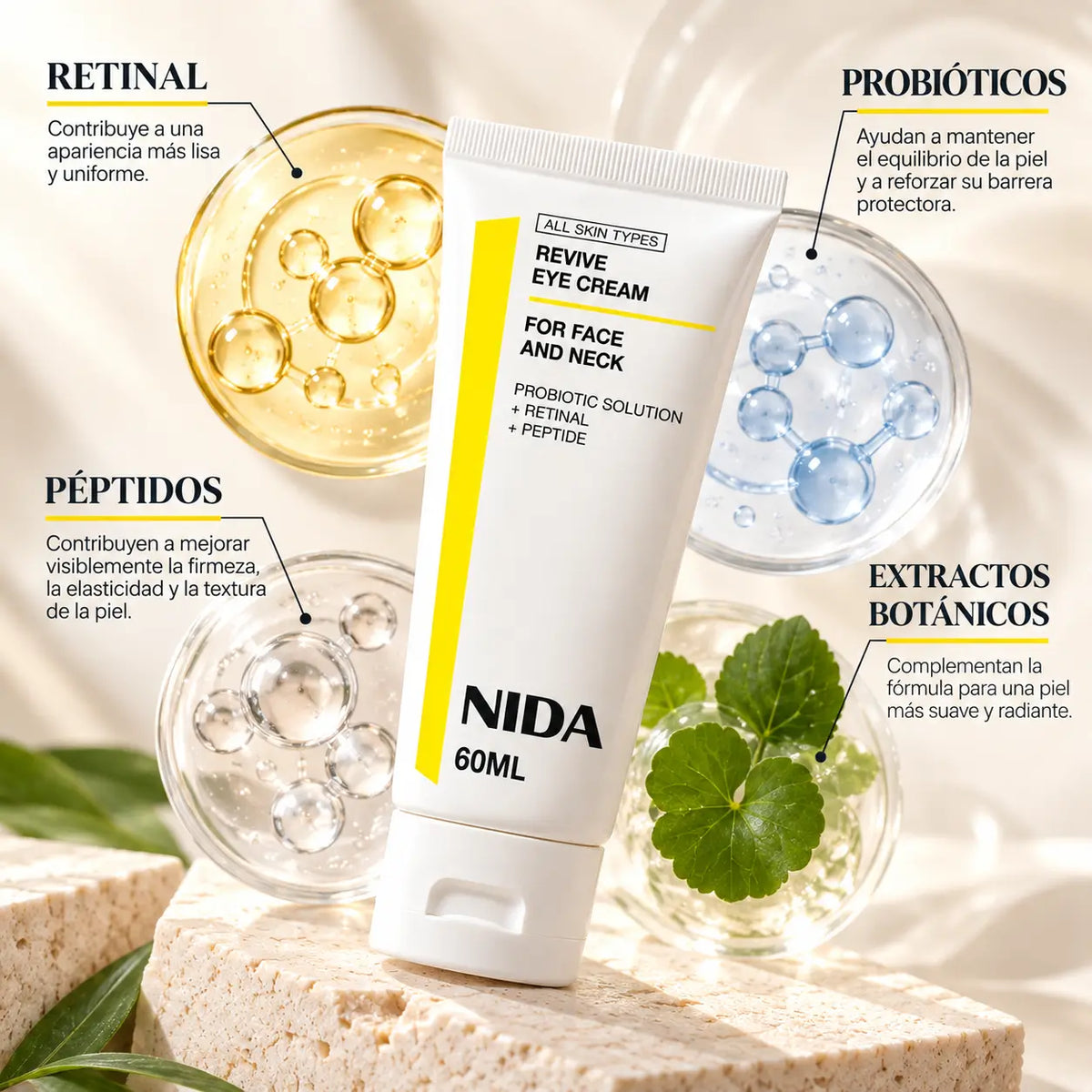 NIDA, Revive Eye Cream for Face and Neck, Crema Renovadora con Retinal, Probióticos y Péptidos, 60 ml