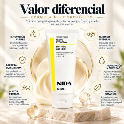 NIDA, Revive Eye Cream for Face and Neck, Crema Renovadora con Retinal, Probióticos y Péptidos, 60 ml