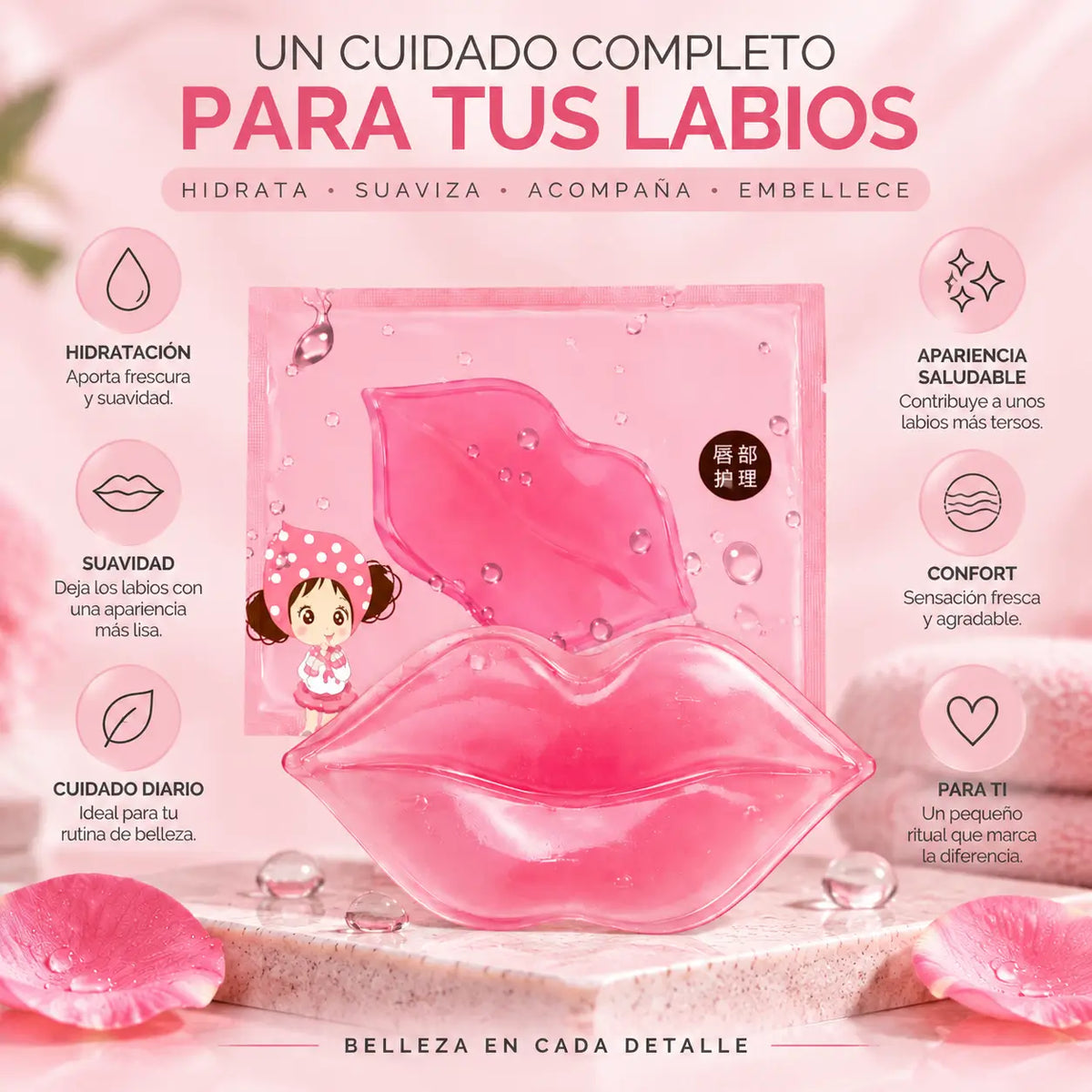 Zivanne, Mascarilla de Colágeno para Labios, Parche de Hidrogel Humectante, 1 Unidad