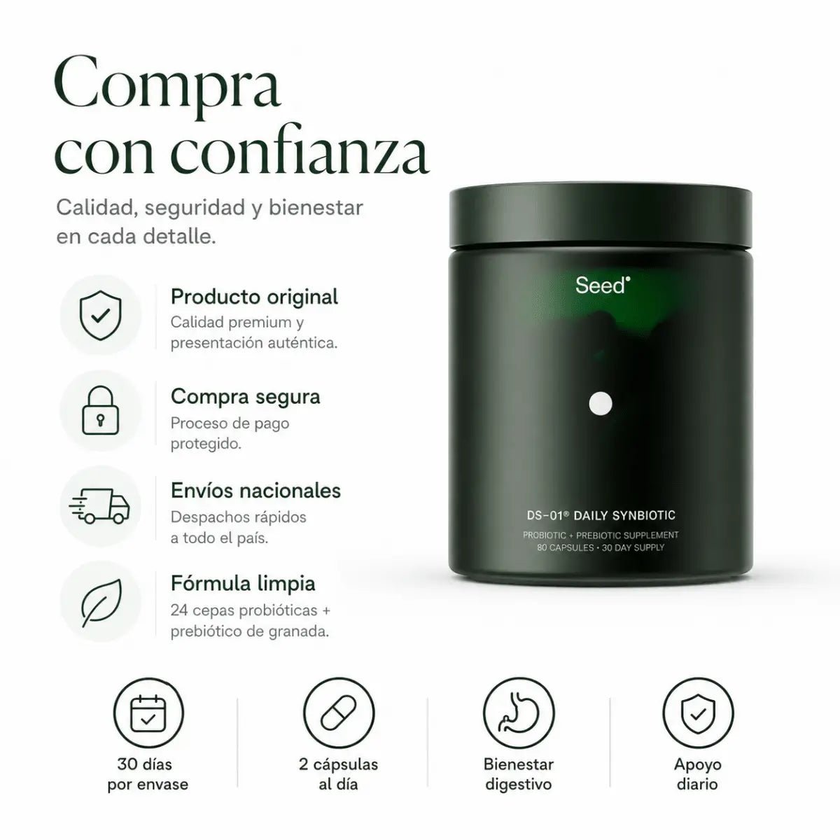 Frasco contenedor de suplemento probiotico y prebiotico Seed DS01 Daily Synbiotic 60 capsulas Zivanne