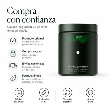 Frasco contenedor de suplemento probiotico y prebiotico Seed DS01 Daily Synbiotic 60 capsulas Zivanne