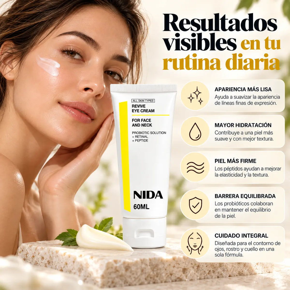NIDA, Revive Eye Cream for Face and Neck, Crema Renovadora con Retinal, Probióticos y Péptidos, 60 ml