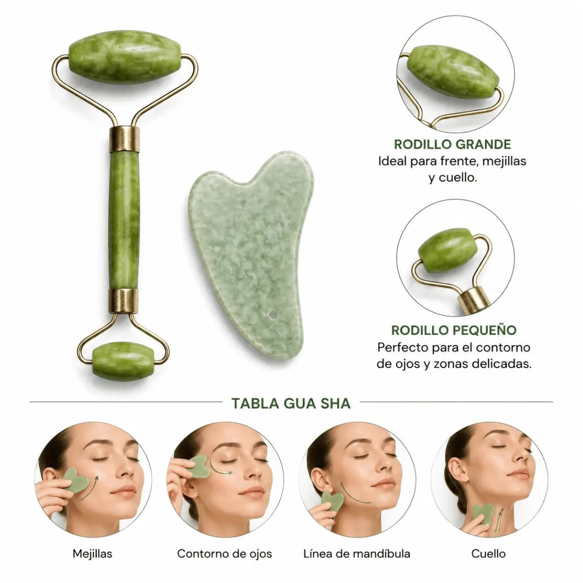 Zivanne Kit de Masaje Facial de Jade Rodillo Facial y Tabla Gua Sha Natural