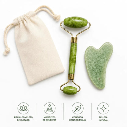 Zivanne Kit de Masaje Facial de Jade Rodillo Facial y Tabla Gua Sha Natural