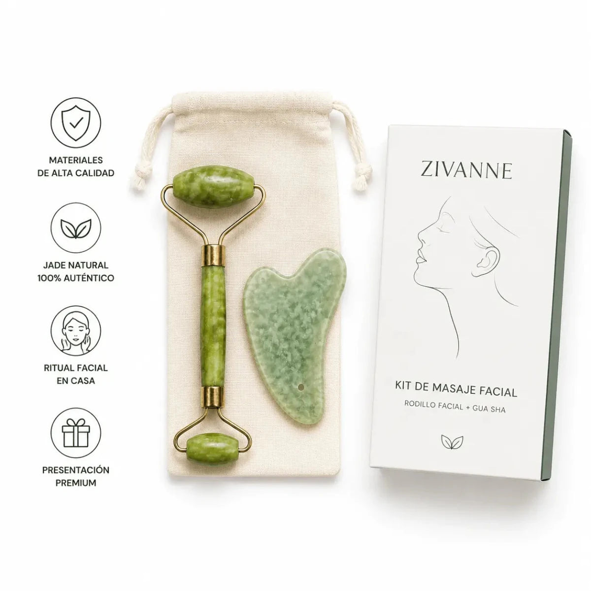 Zivanne Kit de Masaje Facial de Jade Rodillo Facial y Tabla Gua Sha Natural