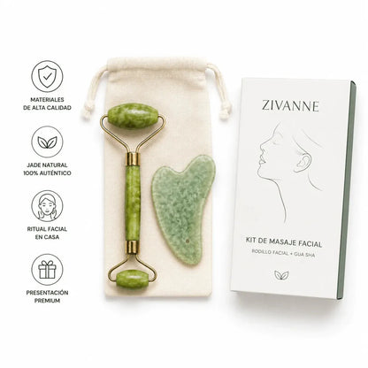 Zivanne Kit de Masaje Facial de Jade Rodillo Facial y Tabla Gua Sha Natural