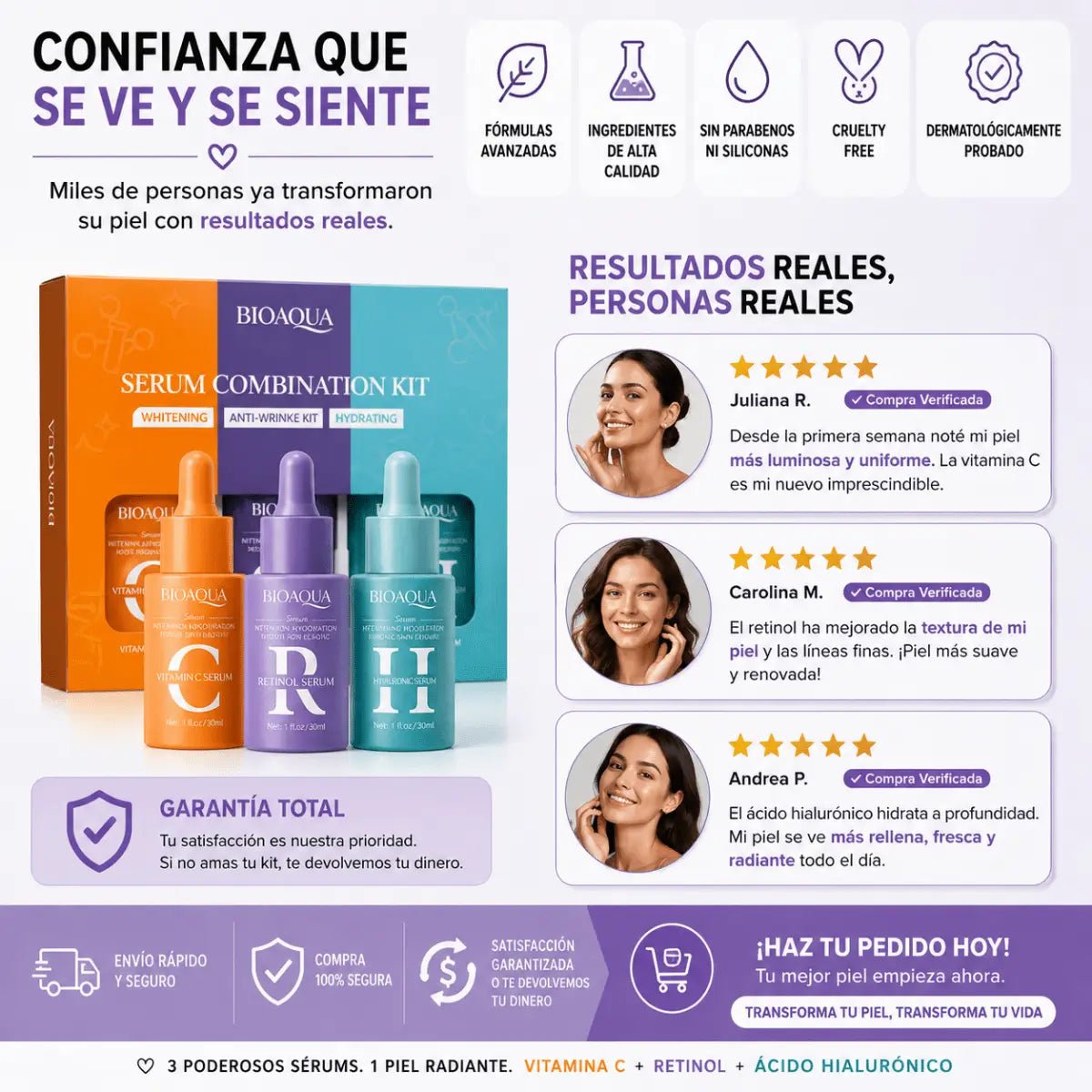 Zivanne Kit de Sérums Faciales: Vitamina C, Retinol y Ácido Hialurónico - Zivanne