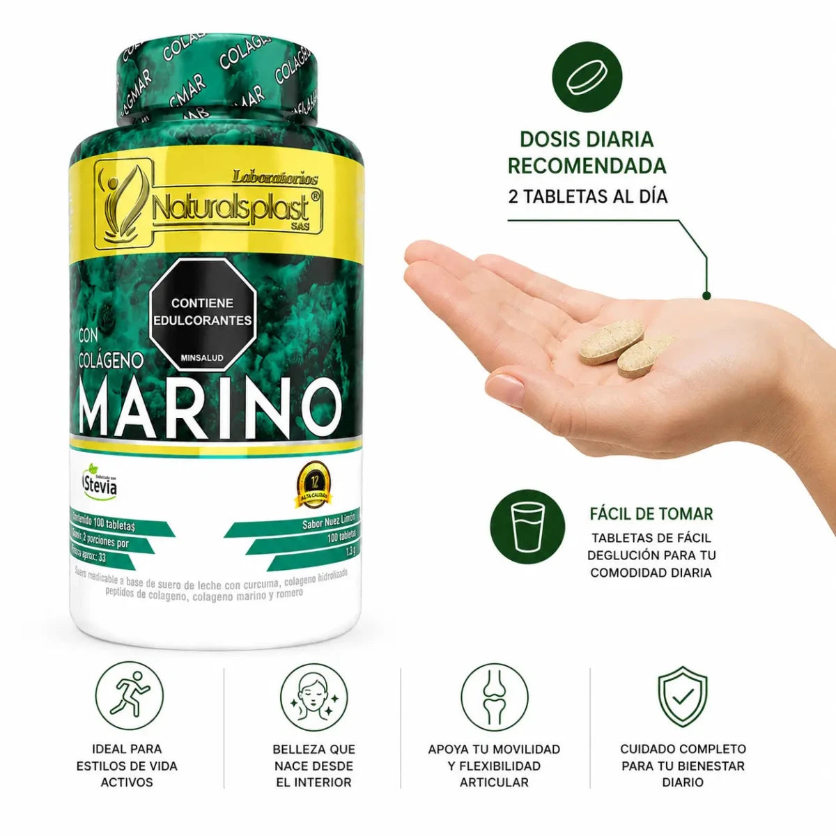 Colágeno Marino Naturalsplast con Cúrcuma y Romero 100 tabletas Zivanne