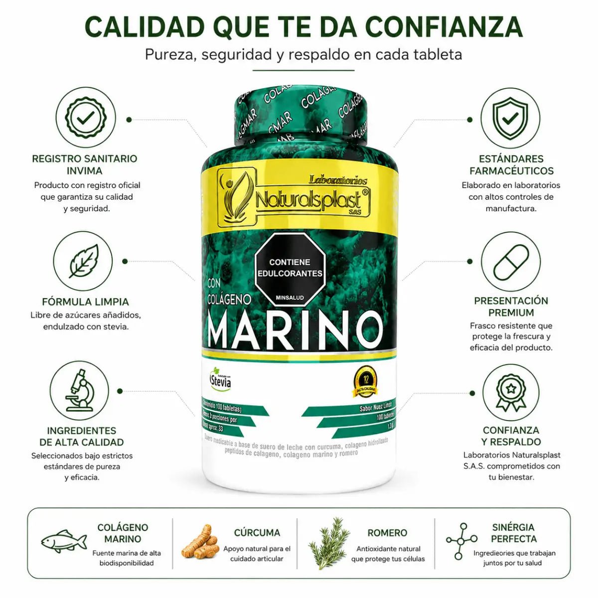 Colágeno Marino Naturalsplast con Cúrcuma y Romero (100 Tabletas) - Zivanne
