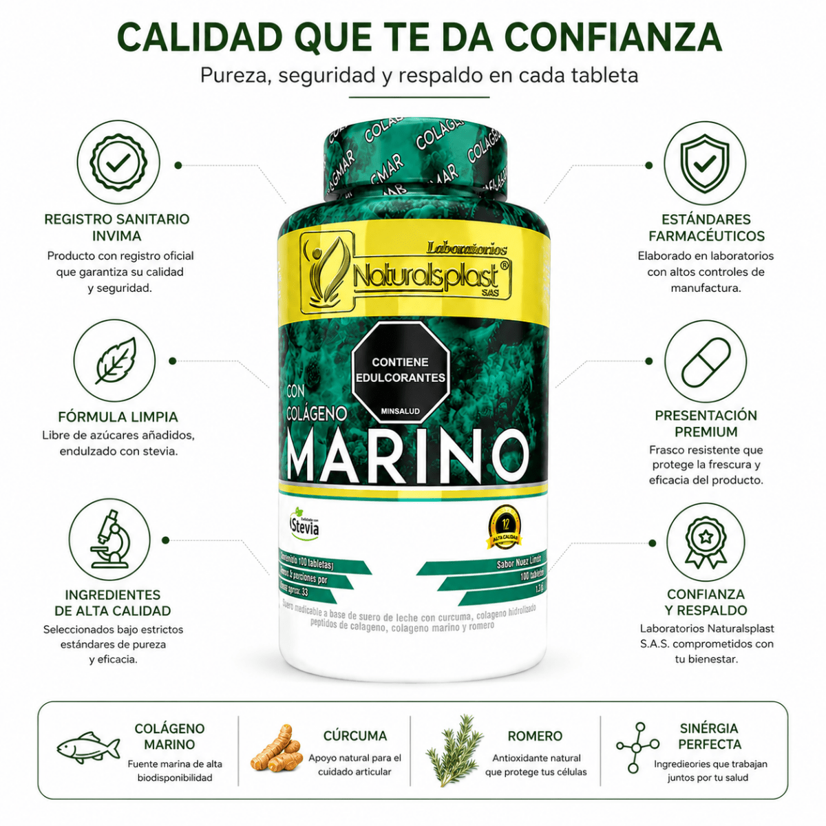 Colágeno Marino Naturalsplast con Cúrcuma y Romero 100 tabletas Zivanne