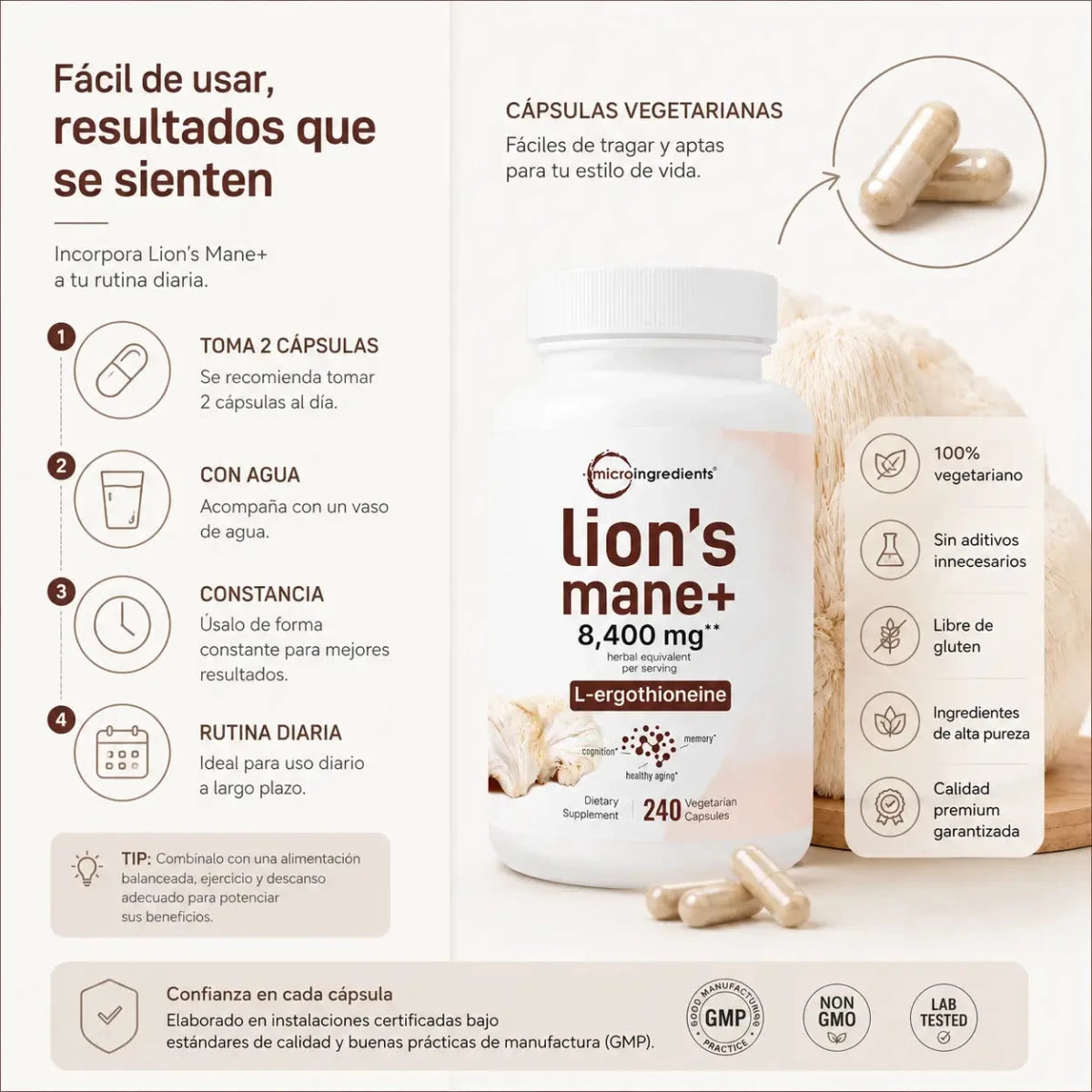 Melena de León Lion's Mane+ 240 cápsulas Zivanne
