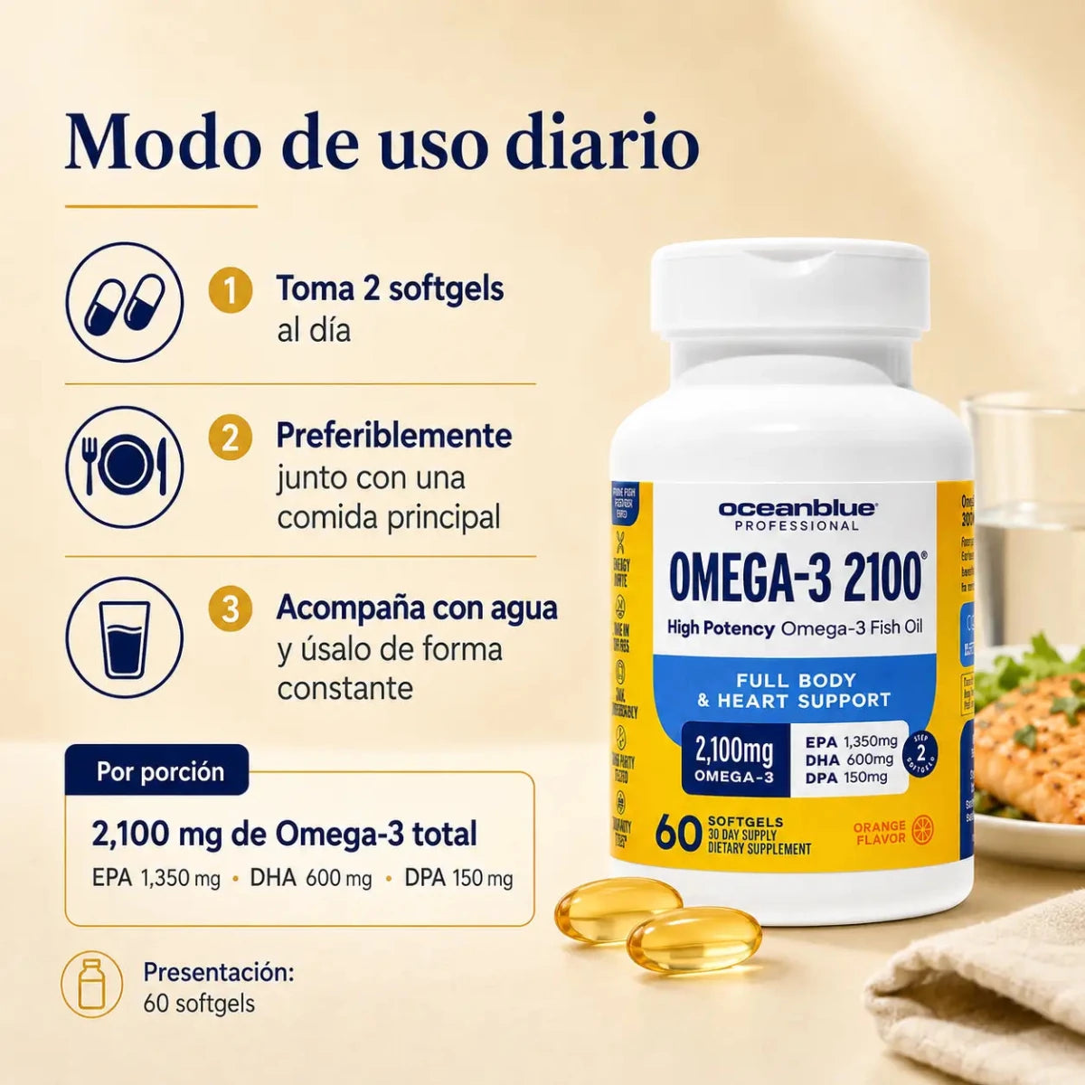 Omega-3 OceanBlue 2100 60 Cápsulas Blandas suplemento dietario Zivanne
