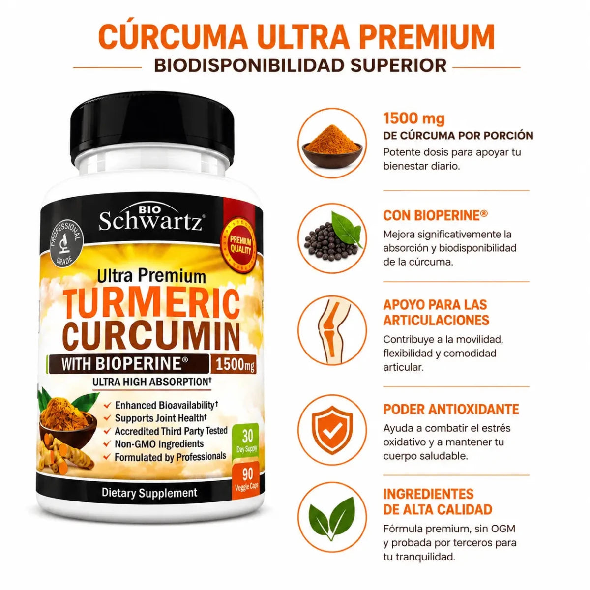BioSchwartz Turmeric Curcumin con BioPerine 1500mg 90 Capsulas Cúrcuma Zivanne