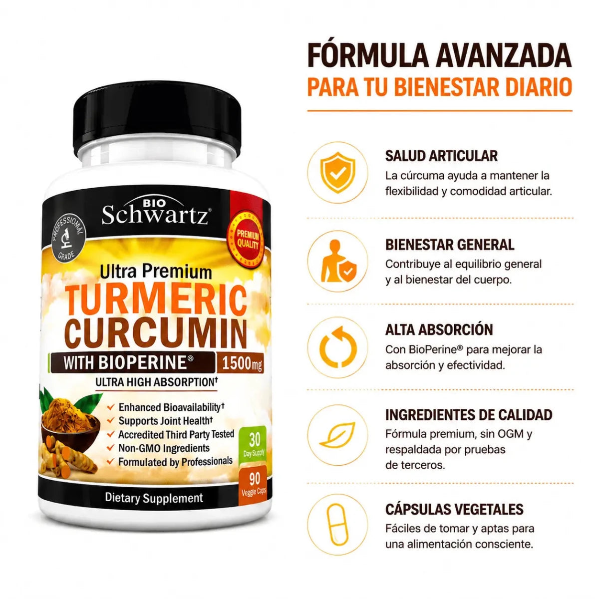 BioSchwartz Turmeric Curcumin con BioPerine 1500mg 90 Capsulas Cúrcuma Zivanne