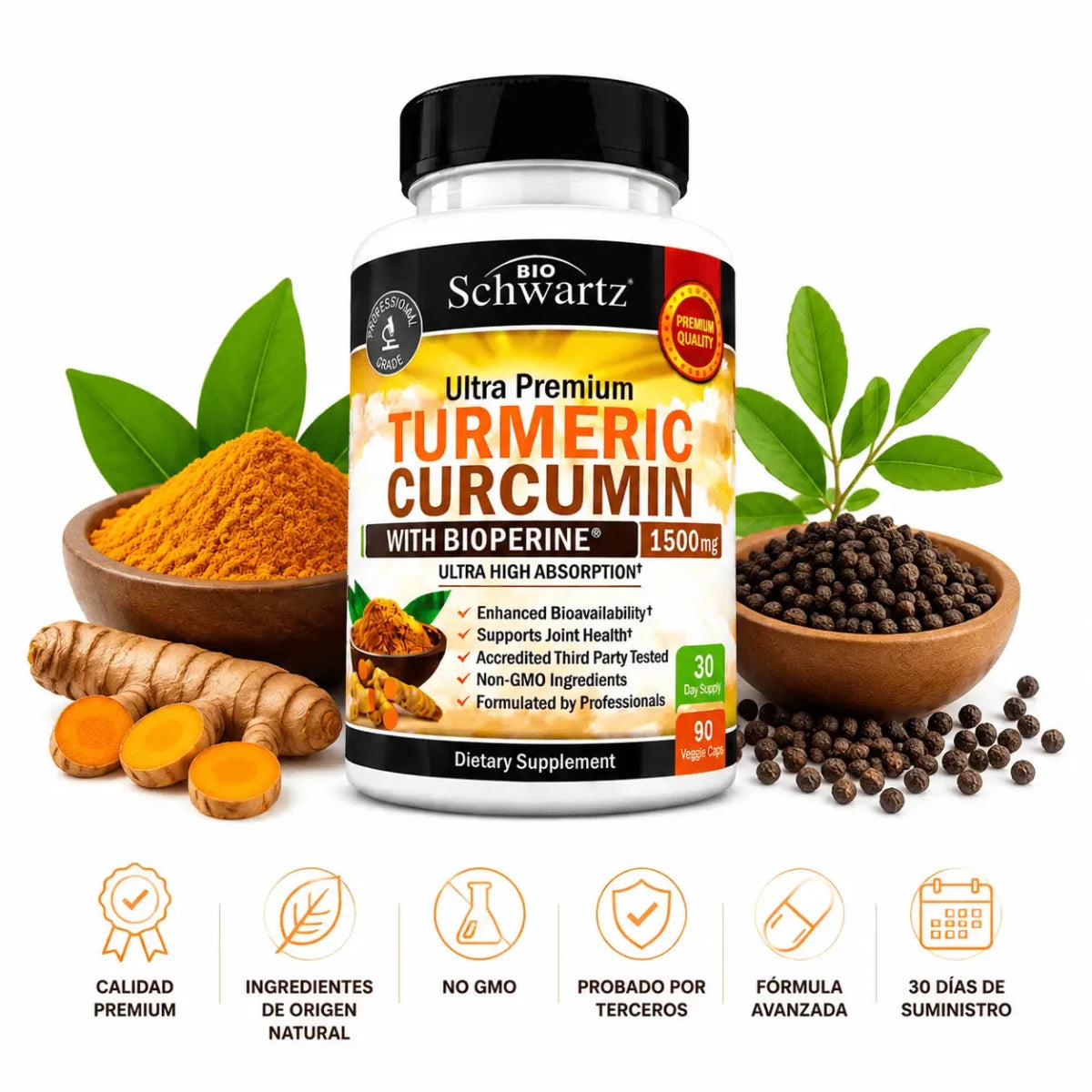 BioSchwartz Turmeric Curcumin con BioPerine (90 Caps) – Cúrcuma - Zivanne