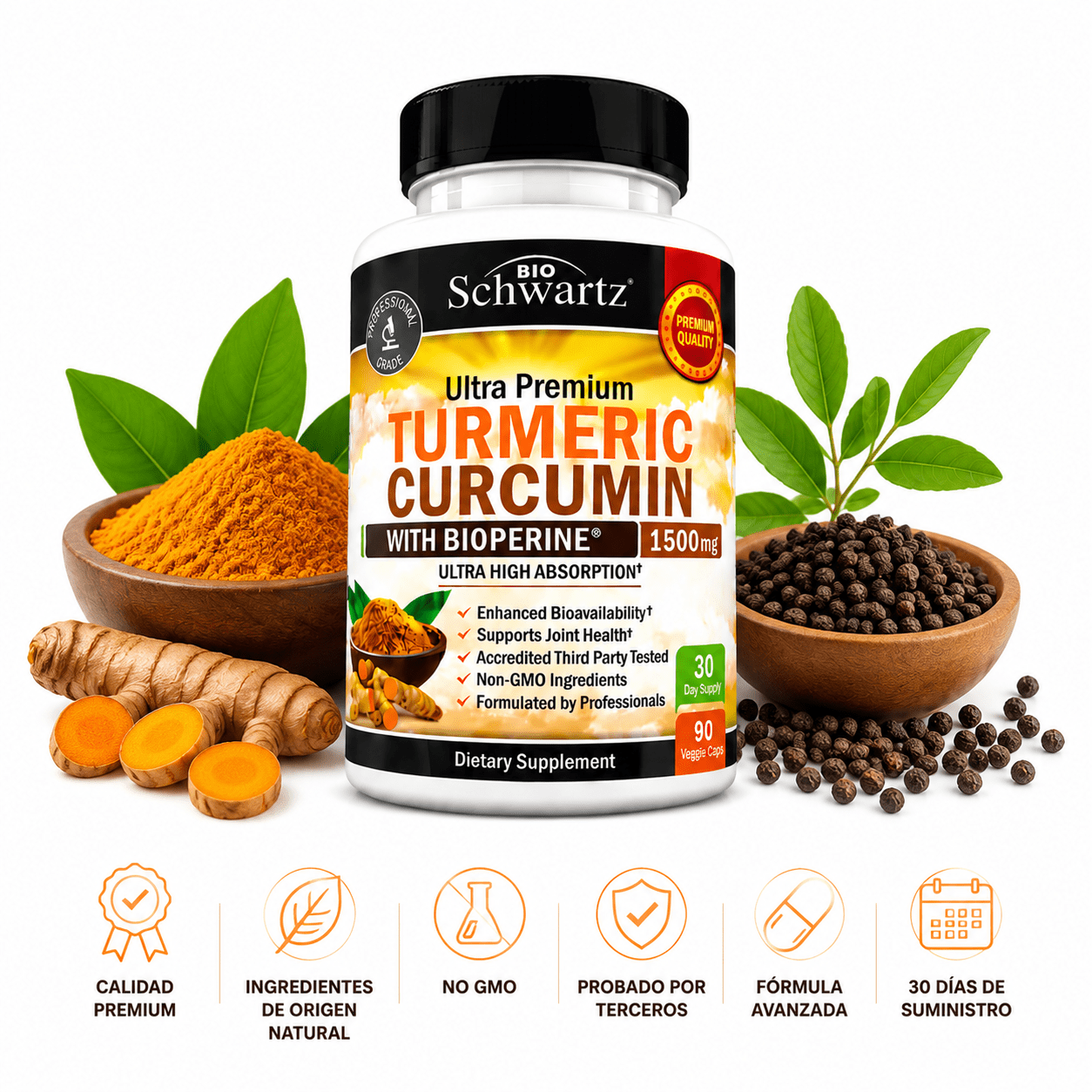 BioSchwartz Turmeric Curcumin con BioPerine 1500mg 90 Capsulas Cúrcuma Zivanne